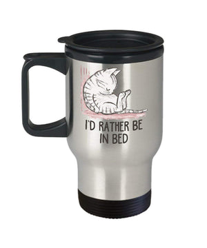 MORI-TM, Travel Mug - I'd Rather Be In Bed 14oz Stainless Steel Double Wall Coffee Cup with Handle and Lid – Best Funny Cat Gift for Men Women Dad Mom Boy Girl