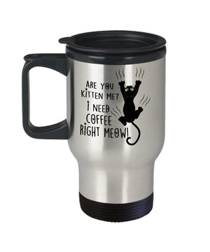 MORI-TM, Travel Mug - Are You Kitten Me I Need Coffee Right Meow 14oz Stainless Steel Double Wall Coffee Cup with Handle and Lid – Best Funny Cat Gift for Men Women Dad Mom Boy Girl
