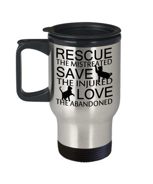 MORI-TM, Travel Mug -Rescue The Mistreated Save the Injured Love 14oz Stainless Steel Insulated Double Wall Coffee Cup with Handle and Lid – Best Funny Cat Gift for Men Women Dad Mom Boy Girl