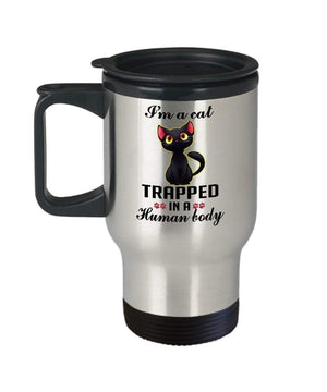 MORI-TM, Travel Mug - I'm A Cat Trapped In A Human Body 14oz Stainless Steel Double Wall Coffee Cup with Handle and Lid – Best Funny Cat Gift for Men Women Dad Mom Boy Girl