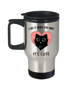 MORI-TM, Travel Mug - I Like It When You Smile It Is Cute 14oz Stainless Steel Insulated Double Wall Coffee Cup with Handle and Lid – Best Funny Cat Gift for Men Women Dad Mom Boy Girl
