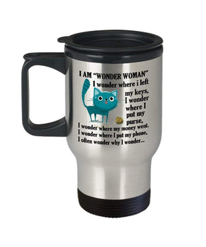 MORI-TM, Travel Mug - I am wonder woman - T14oz Stainless Steel Insulated Double Wall Coffee Cup with Handle and Lid – Best Funny Cat Gift for Men Women Dad Mom Boy Girl