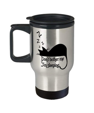 MORI-TM, Travel Mug - Do Not Bother Me I'm Sleeping Black Cat 14oz Stainless Steel Insulated Double Wall Coffee Cup with Handle and Lid – Best Funny Cat Gift for Men Women Dad Mom Boy Girl