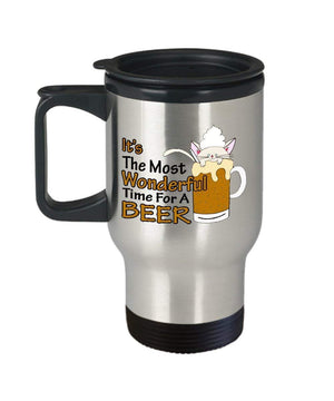 MORI-TM, Travel Mug - It's The Most Wonderful Time For A Beer 14oz Stainless Steel Insulated Double Wall Coffee Cup with Handle and Lid – Best Funny Cat Gift for Men Women Dad Mom Boy Girl