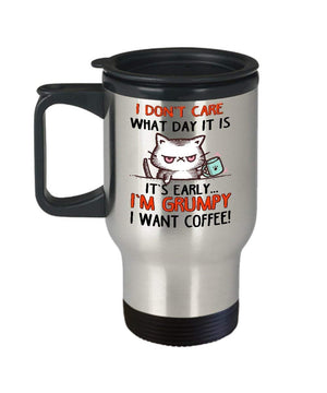 MORI-TM, Travel Mug - I Don't Care What Day It Is Quotes 14oz Stainless Steel Double Wall Coffee Cup with Handle and Lid – Best Funny Cat Gift for Men Women Dad Mom Boy Girl