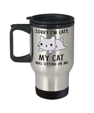 MORI-TM, Travel Mug - Sorry I'm Late My Cat Was Sitting On Me 14oz Stainless Steel Double Wall Coffee Cup with Handle and Lid – Best Funny Cat Gift for Men Women Dad Mom Boy Girl