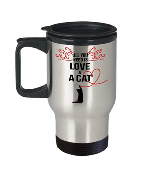 MORI-TM, Travel Mug - All You Need Is Love And A Cat 14oz Stainless Steel Double Wall Coffee Cup with Handle and Lid – Best Funny Cat Gift for Men Women Dad Mom Boy Girl