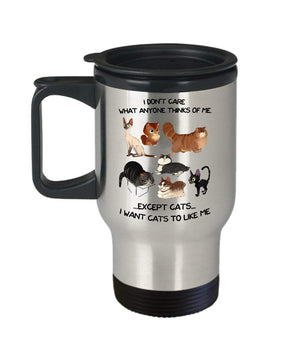 MORI-TM, Travel Mug - I Don't Care What Anyone Thinks of Me 14oz Stainless Steel Insulated Double Wall Coffee Cup with Handle and Lid – Best Funny Cat Gift for Men Women Dad Mom Boy Girl