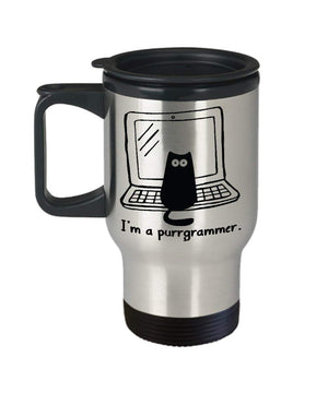 MORI-TM, Travel Mug - I'm A Purrgrammer 14oz Stainless Steel Insulated Double Wall Coffee Cup with Handle and Lid – Best Funny Cat Gift for Men Women Dad Mom Boy Girl