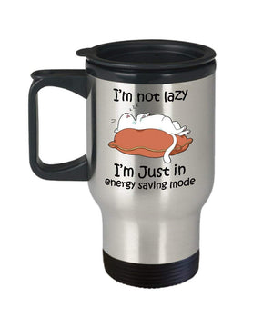 MORI-TM, Travel Mug - I'm not Lazy I'm Just in Energy Saving Mode 14oz Stainless Steel Double Wall Coffee Cup with Handle and Lid – Best Funny Cat Gift for Men Women Dad Mom Boy Girl