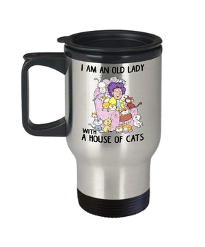 MORI-TM, Travel Mug - I Am An Old Lady With A House Of Cats 14oz Stainless Steel Double Wall Coffee Cup with Handle and Lid – Best Funny Cat Gift for Men Women Dad Mom Boy Girl