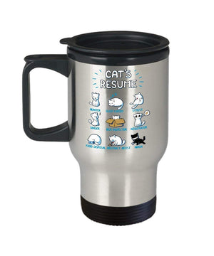 MORI-TM, Travel Mug - Cat's Resume 14oz Stainless Steel Double Wall Coffee Cup with Handle and Lid – Best Funny Cat Gift for Men Women Dad Mom Boy Girl