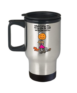 MORI-TM, Travel Mug - When I Grow Old I'll Be The Old Lady With The Cats 14oz Stainless Steel Double Wall Coffee Cup with Handle and Lid – Best Funny Cat Gift for Men Women Dad Mom Boy Girl