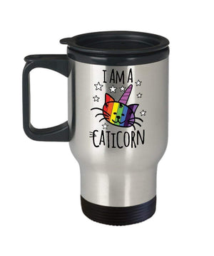 MORI-TM, Travel Mug - I Am A Caticorn 14oz Stainless Steel Double Wall Coffee Cup with Handle and Lid – Best Funny Cat Gift for Men Women Dad Mom Boy Girl