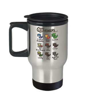 MORI-TM, Travel Mug - Catvengers 14oz Stainless Steel Double Wall Coffee Cup with Handle and Lid – Best Funny Cat Gift for Men Women Dad Mom Boy Girl