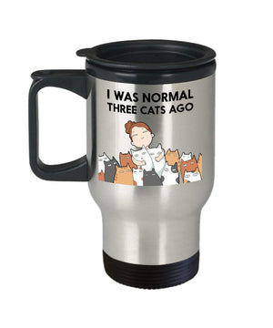 MORI-TM, Travel Mug - I Was Normal Three Cats Ago 14oz Stainless Steel Double Wall Coffee Cup with Handle and Lid – Best Funny Cat Gift for Men Women Dad Mom Boy Girl