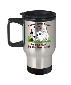 MORI-TM, Travel Mug - A Woman Can Not Survive On Wine Alone 14oz Stainless Steel Insulated Double Wall Coffee Cup with Handle and Lid – Best Funny Cat Gift for Men Women Dad Mom Boy Girl