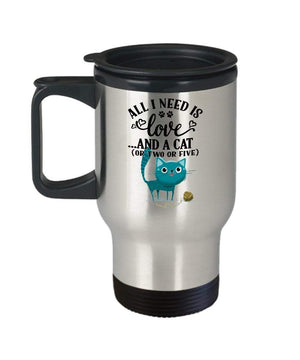 MORI-TM, Travel Mug - ALL I Need Is Love And A Cat 14oz Stainless Steel Insulated Double Wall Coffee Cup with Handle and Lid – Best Funny Cat Gift for Men Women Dad Mom Boy Girl