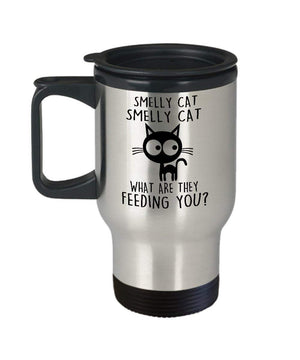 MORI-TM, Travel Mug - Smelly Cat What Are They Feeding You 14oz Stainless Steel Double Wall Coffee Cup with Handle and Lid – Best Funny Cat Gift for Men Women Dad Mom Boy Girl