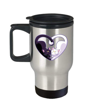 MORI-TM, Travel Mug - Cat Heart Black and White 14oz Stainless Steel Double Wall Coffee Cup with Handle and Lid – Best Funny Cat Gift for Men Women Dad Mom Boy Girl