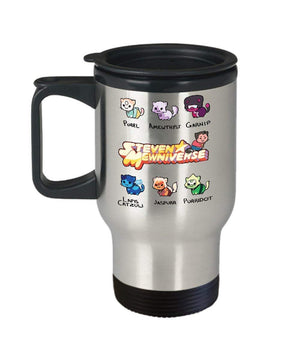 MORI-TM, Travel Mug - Steven Mewniverse 14oz Stainless Steel Double Wall Coffee Cup with Handle and Lid – Best Funny Cat Gift for Men Women Dad Mom Boy Girl