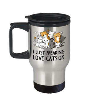 MORI-TM, Travel Mug - I Just Freaking Love Cats OK 14oz Stainless Steel Double Wall Coffee Cup with Handle and Lid – Best Funny Cat Gift for Men Women Dad Mom Boy Girl