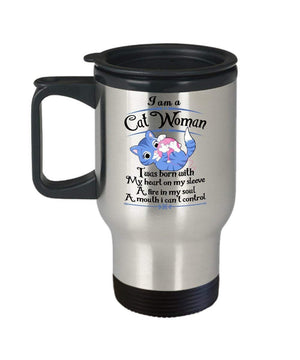 MORI-TM, Travel Mug - I Am A Cat Woman Quotes 14oz Stainless Steel Double Wall Coffee Cup with Handle and Lid – Best Funny Cat Gift for Men Women Dad Mom Boy Girl