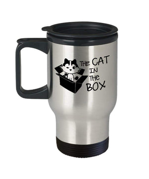 MORI-TM, Travel Mug - The Cat In The Box 14oz Stainless Steel Double Wall Coffee Cup with Handle and Lid – Best Funny Cat Gift for Men Women Dad Mom Boy Girl