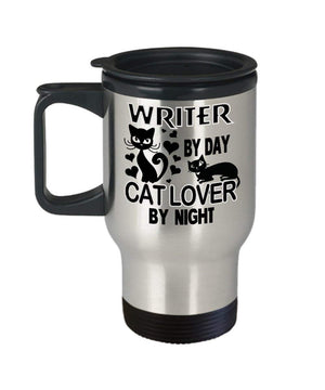 MORI-TM, Travel Mug - Writer By Day Cat Lover By Night 14oz Stainless Steel Double Wall Coffee Cup with Handle and Lid – Best Funny Cat Gift for Men Women Dad Mom Boy Girl