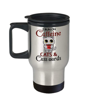 MORI-TM, Travel Mug - I Run On Caffeine Cats And Cuss Words 14oz Stainless Steel Double Wall Coffee Cup with Handle and Lid – Best Funny Cat Gift for Men Women Dad Mom Boy Girl
