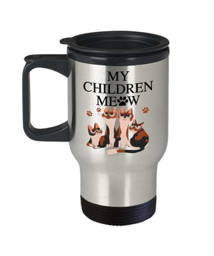 MORI-TM, Travel Mug - My Children Meow 14oz Stainless Steel Insulated Double Wall Coffee Cup with Handle and Lid – Best Funny Cat Gift for Men Women Dad Mom Boy Girl