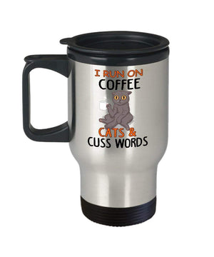 MORI-TM, Travel Mug - I Run On Coffee Cats And Cuss Words 14oz Stainless Steel Double Wall Coffee Cup with Handle and Lid – Best Funny Cat Gift for Men Women Dad Mom Boy Girl