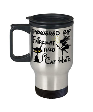 MORI-TM, Travel Mug - Powered by Fairydust and Cat Hair 14oz Stainless Steel Double Wall Coffee Cup with Handle and Lid – Best Funny Cat Gift for Men Women Dad Mom Boy Girl