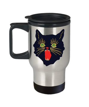 MORI-TM, Travel Mug - Black Cat Art 14oz Stainless Steel Insulated Double Wall Coffee Cup with Handle and Lid – Best Funny Cat Gift for Men Women Dad Mom Boy Girl - Coffee Mug,Beer mug