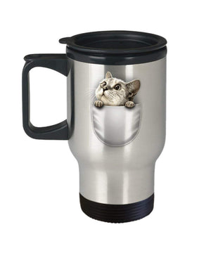 MORI-TM, Travel Mug - Cat In Pocket 14oz Stainless Steel Double Wall Coffee Cup with Handle and Lid – Best Funny Cat Gift for Men Women Dad Mom Boy Girl- Coffee Mug,Beer mug,Travel Mug
