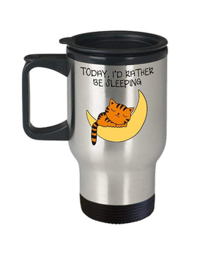 MORI-TM, Travel Mug - Today I’d Rather Be Sleeping 14oz Stainless Steel Double Wall Coffee Cup with Handle and Lid - Best Funny Cat Gift for Men Women Dad Mom Boy Girl