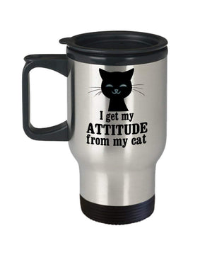 MORI-TM, Travel Mug - I Get My Attitude From My Cat 14oz Stainless Steel Double Wall Coffee Cup with Handle and Lid – Best Funny Cat Gift for Men Women Dad Mom Boy Girl
