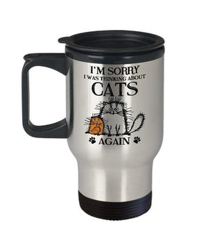 MORI-TM, Travel Mug - I'm Sorry I Was Thinking About Cats Again 14oz Stainless Steel Double Wall Coffee Cup with Handle and Lid – Best Funny Cat Gift for Men Women Dad Mom Boy Girl