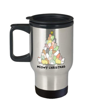 MORI-TM, Travel Mug - Meowy Christmas 14oz Stainless Steel Insulated Double Wall Coffee Cup with Handle and Lid – Best Funny Cat Gift for Men Women Dad Mom Boy Girl