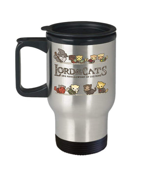 MORI-TM, Travel Mug – Lord Of The Cats The Furrllowship Of The Ring 14oz Stainless Steel Double Wall Coffee Cup with Handle and Lid – Best Funny Cat Gift for Men Women Dad Mom Boy Girl