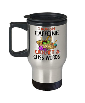 MORI-TM, Travel Mug - I Run On Caffeine Crochet And Cuss Words 14oz Stainless Steel Double Wall Coffee Cup with Handle and Lid – Best Funny Cat Gift for Men Women Dad Mom Boy Girl
